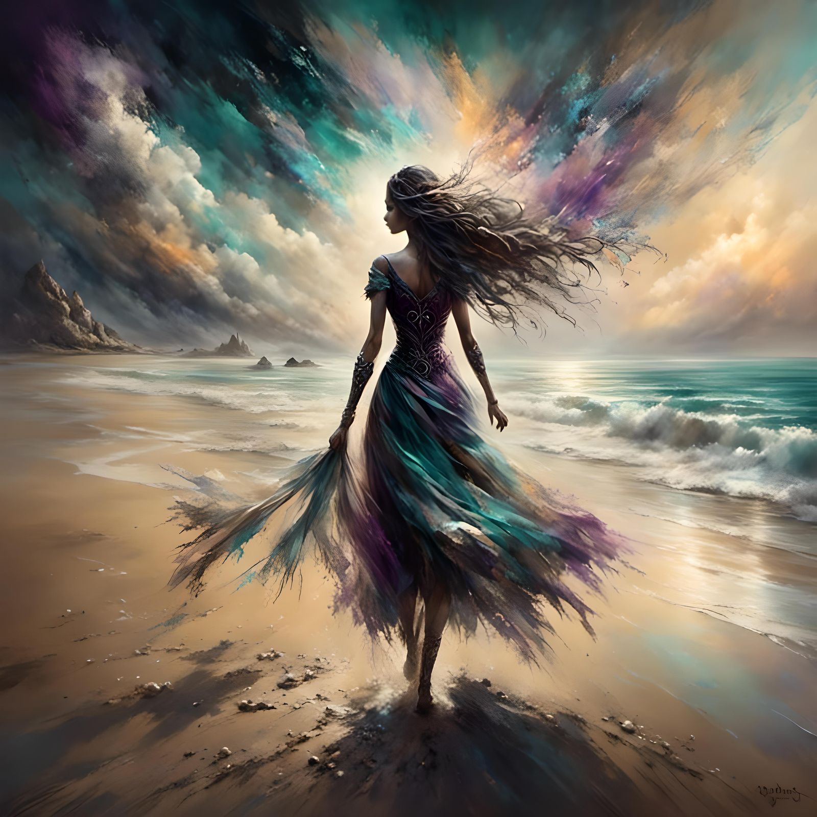 a woman walking on a beach in twilight