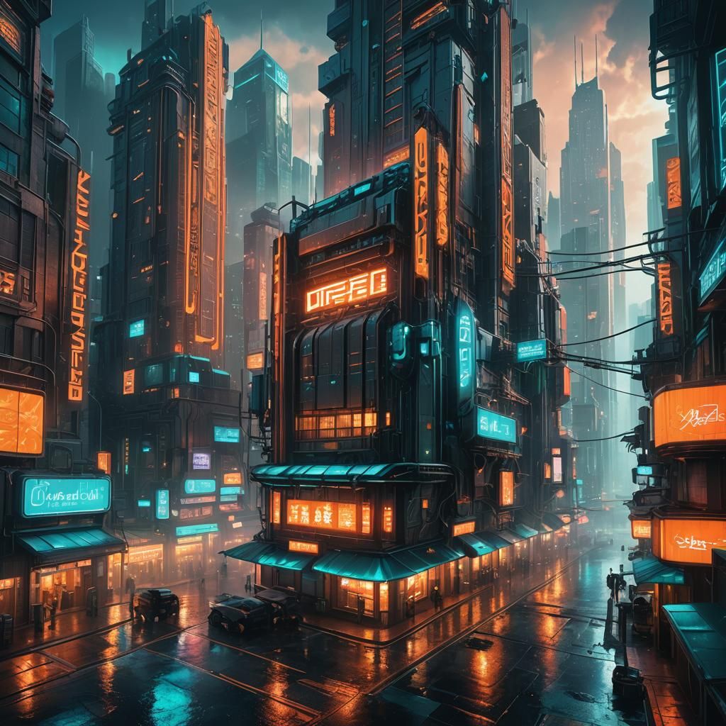 Cyberpunk Cityscape at Night in Digital Art Style