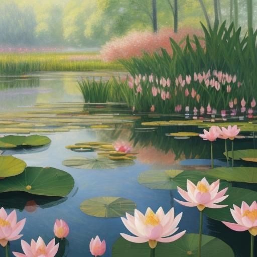 Lotus Flowers and Butterflies in Impressionist Style
