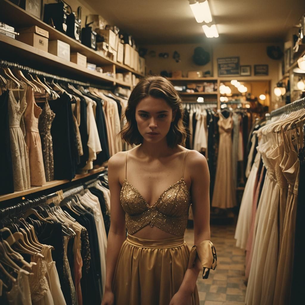 Boy Hiding in Dress Shop: Cinematic Film Still
