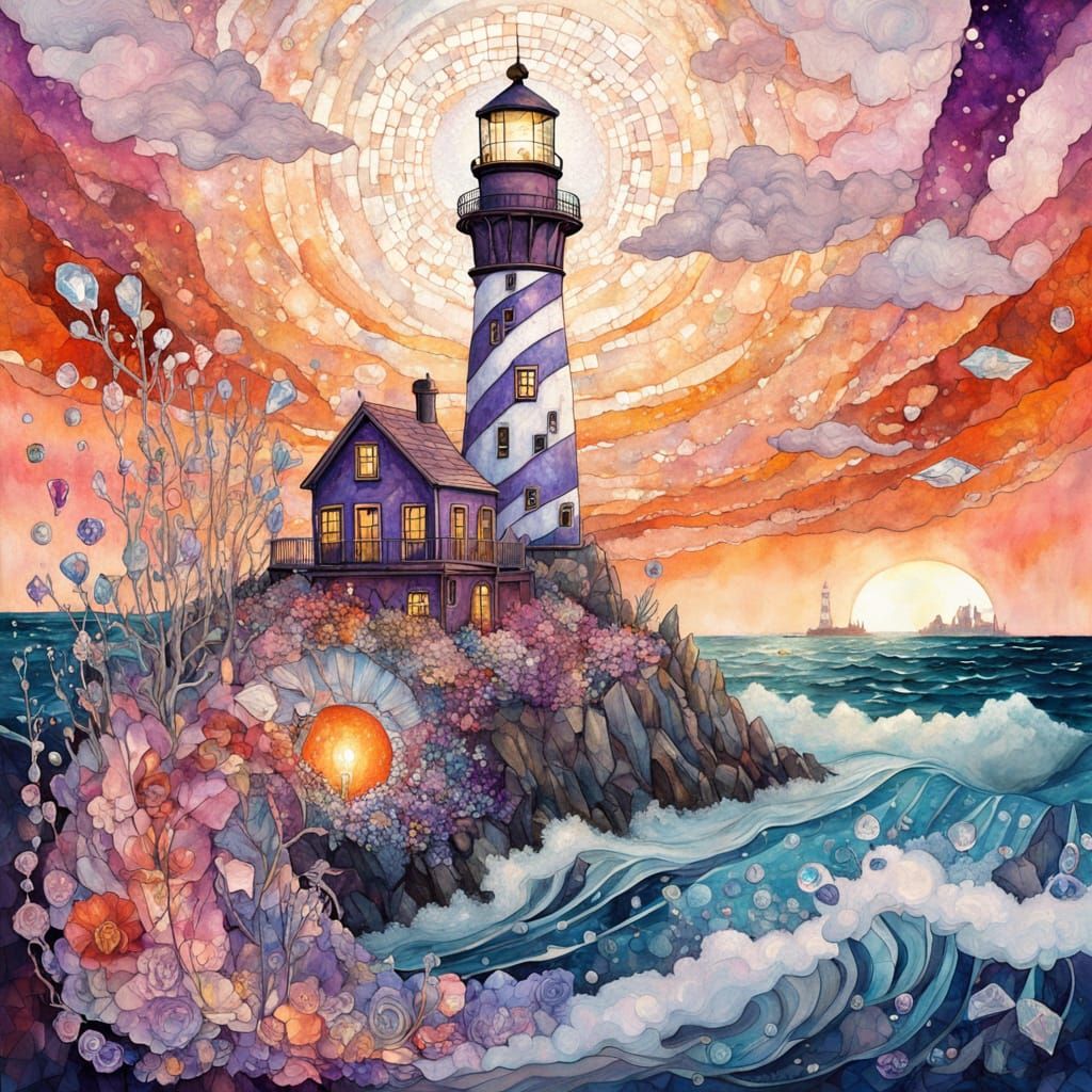 Lighthouse and Crystalline Woman in Impasto Style