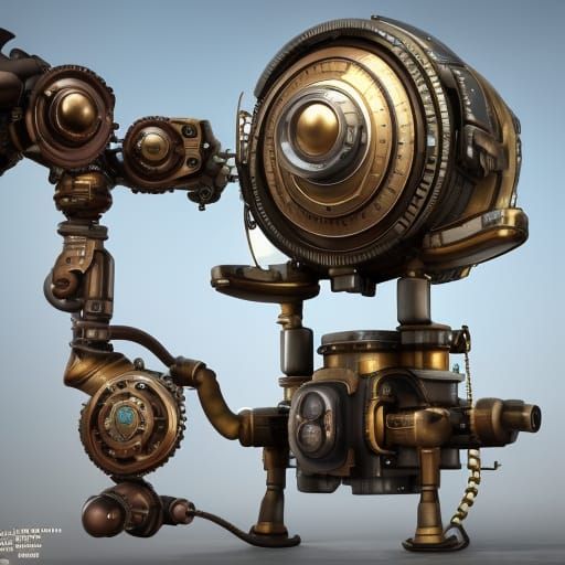 Detailed Steampunk Robot in Brass Material