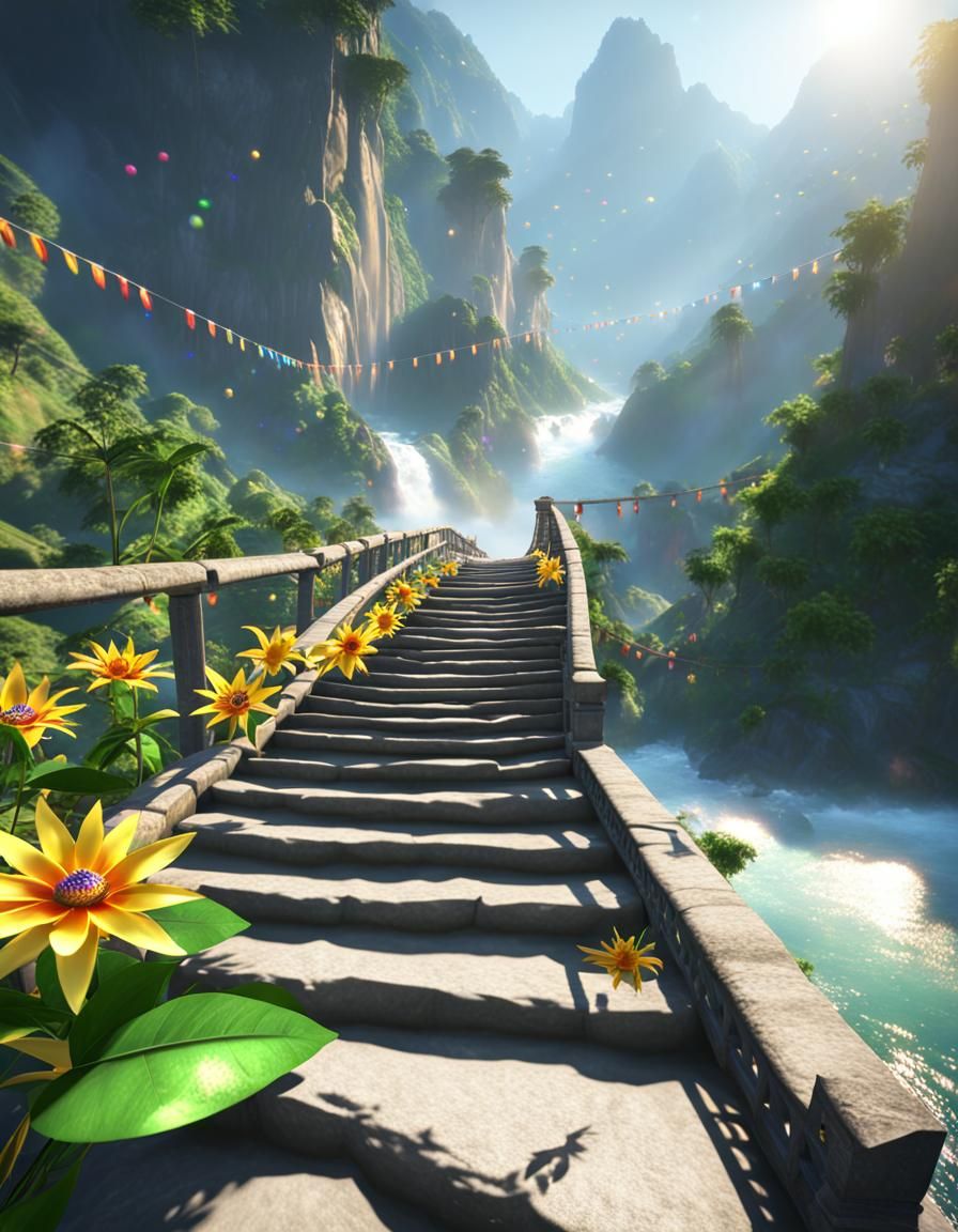 Cosmic River Crossing with Blooming Stairs in 3D