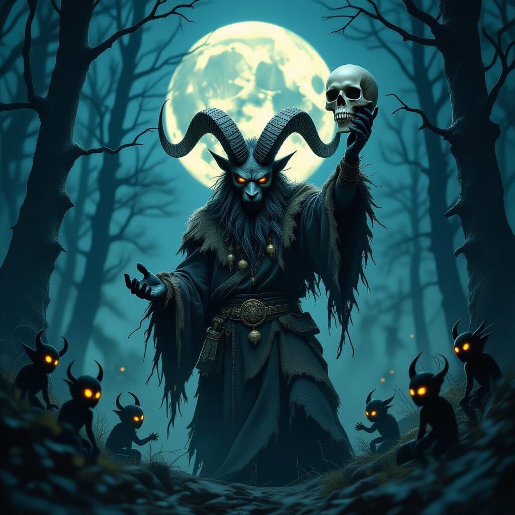 Eerie Krampus in Dark Woods, Mystical Style