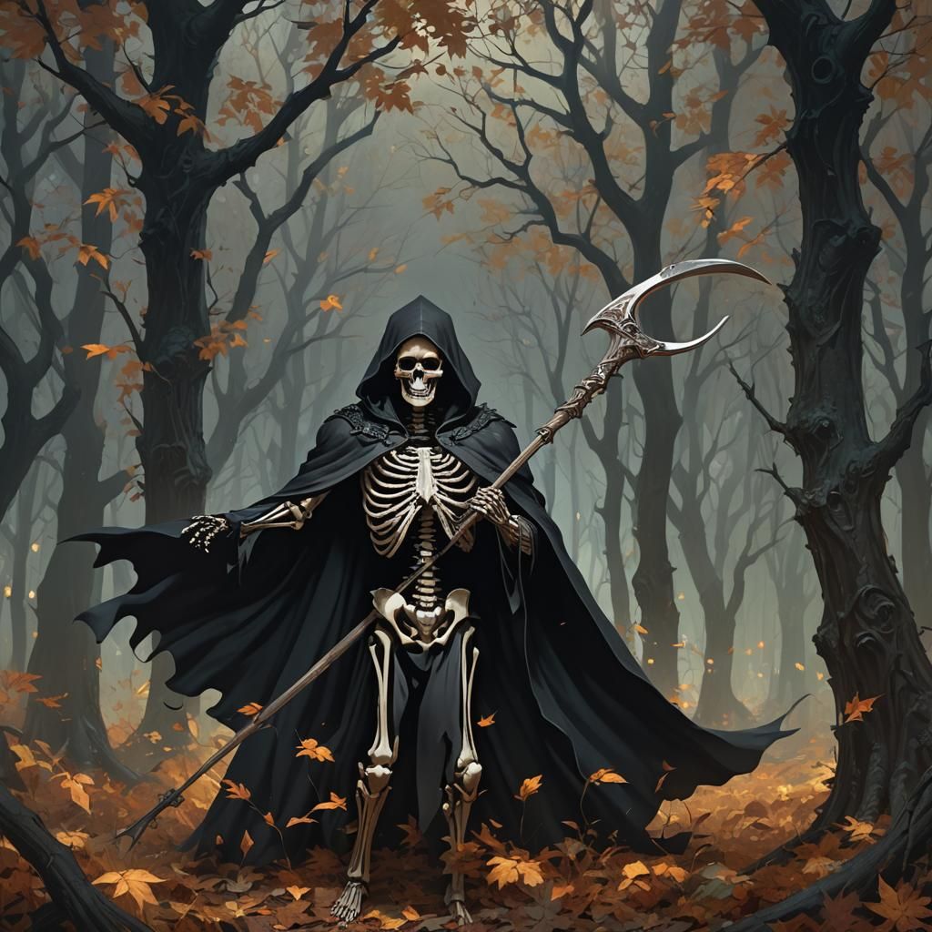 Reaper in Autumn Forest: Dark Fantasy Concept Art