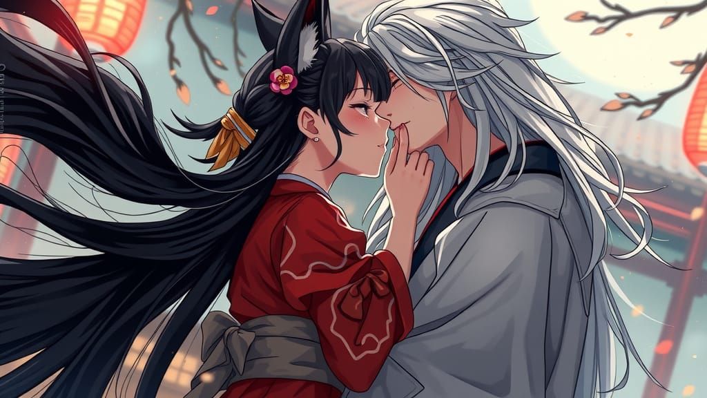 Stunning Anime Kitsune Girl with Black Hair in Cinematic Lig...