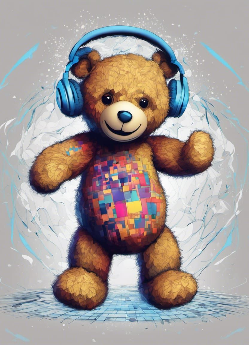 Teddy Bear Dances to Rap Music in Abstract Fractal Style