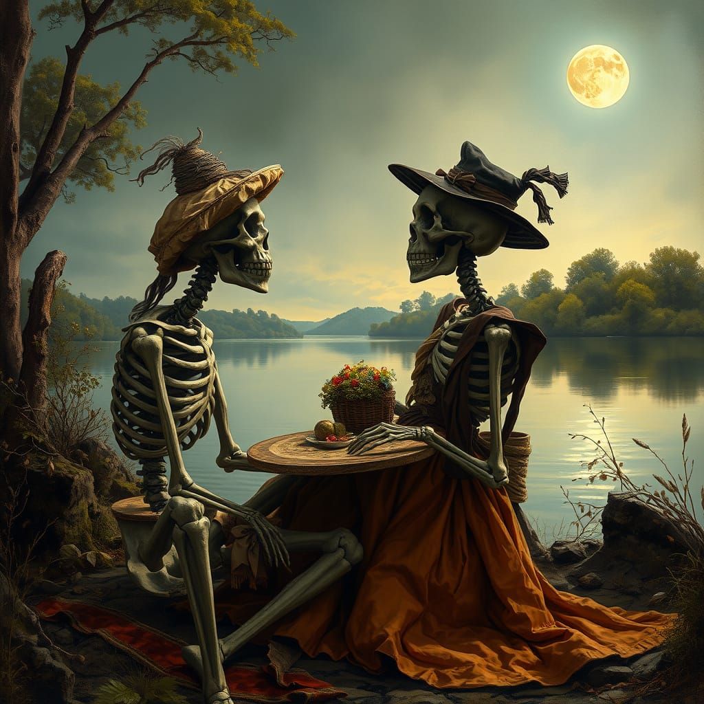 Romantic Skeleton Picnic in Goya-Inspired Style