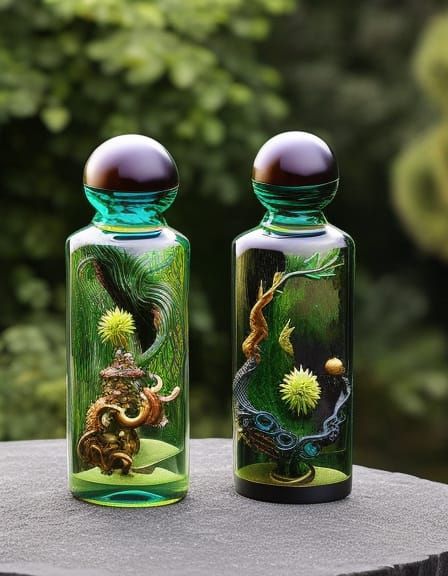 Mythical Sculptures in Glass Bottle, Detailed Gouache