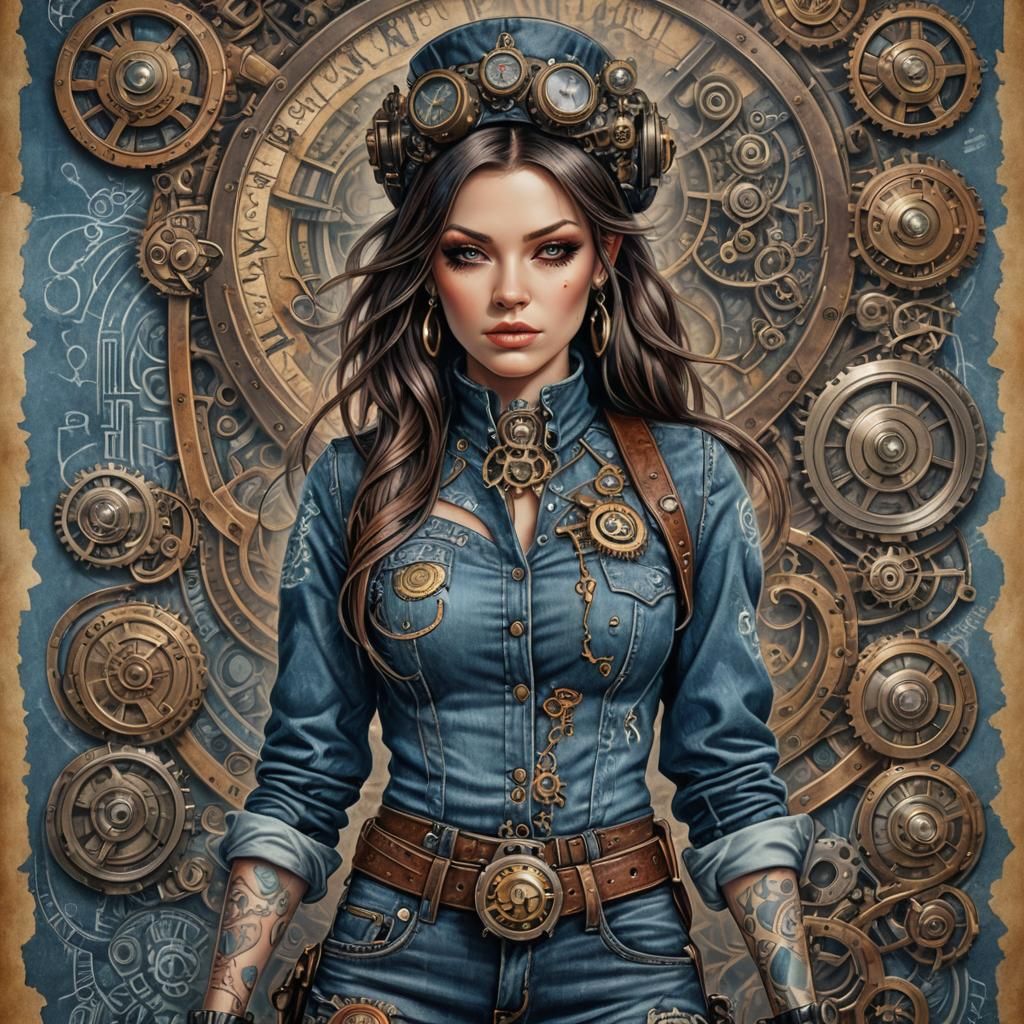 Denim Steampunk Woman: Psychedelic Tattoo Poster Art