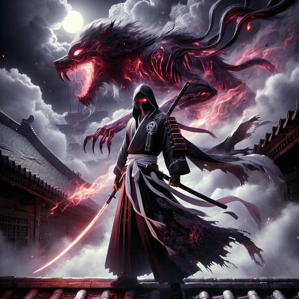 Samurai Warrior Battles Spectral Tiger Under Smoky Sky