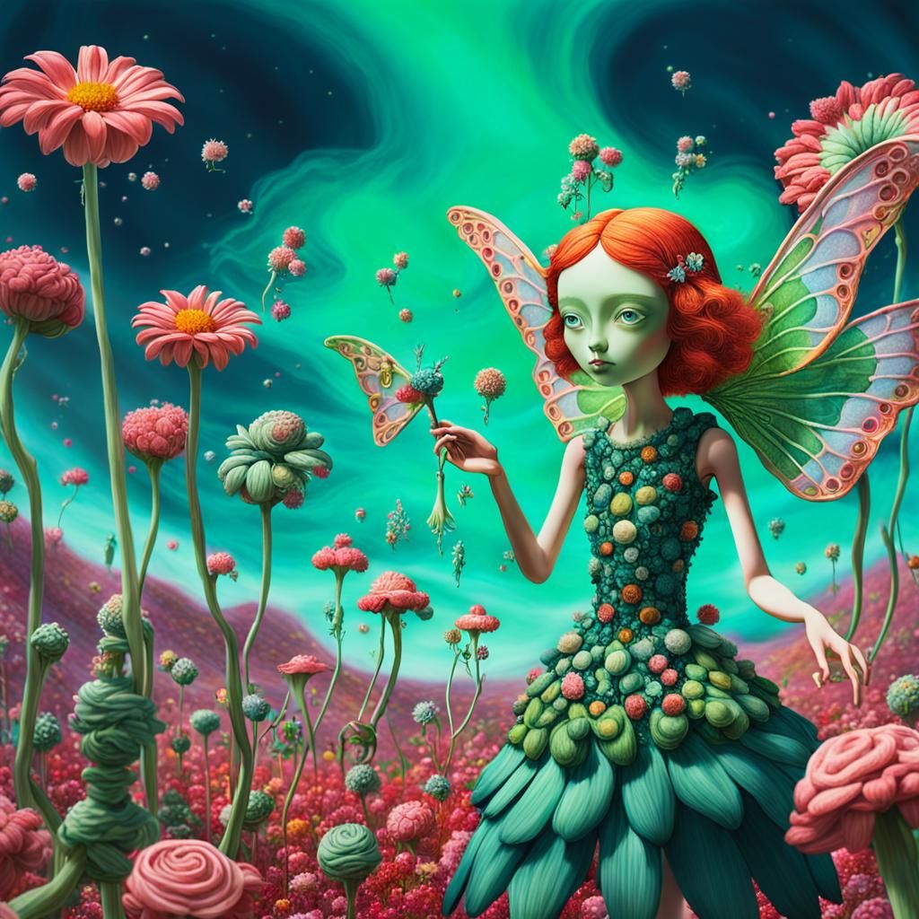 Winged Flower Fairy in Dreamscape, Surreal Art