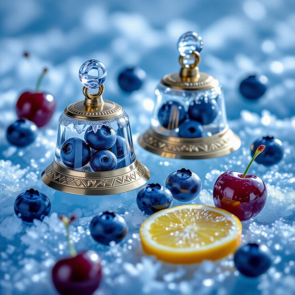 Macro Photo of Ice-Encased Bells with Frozen Berries