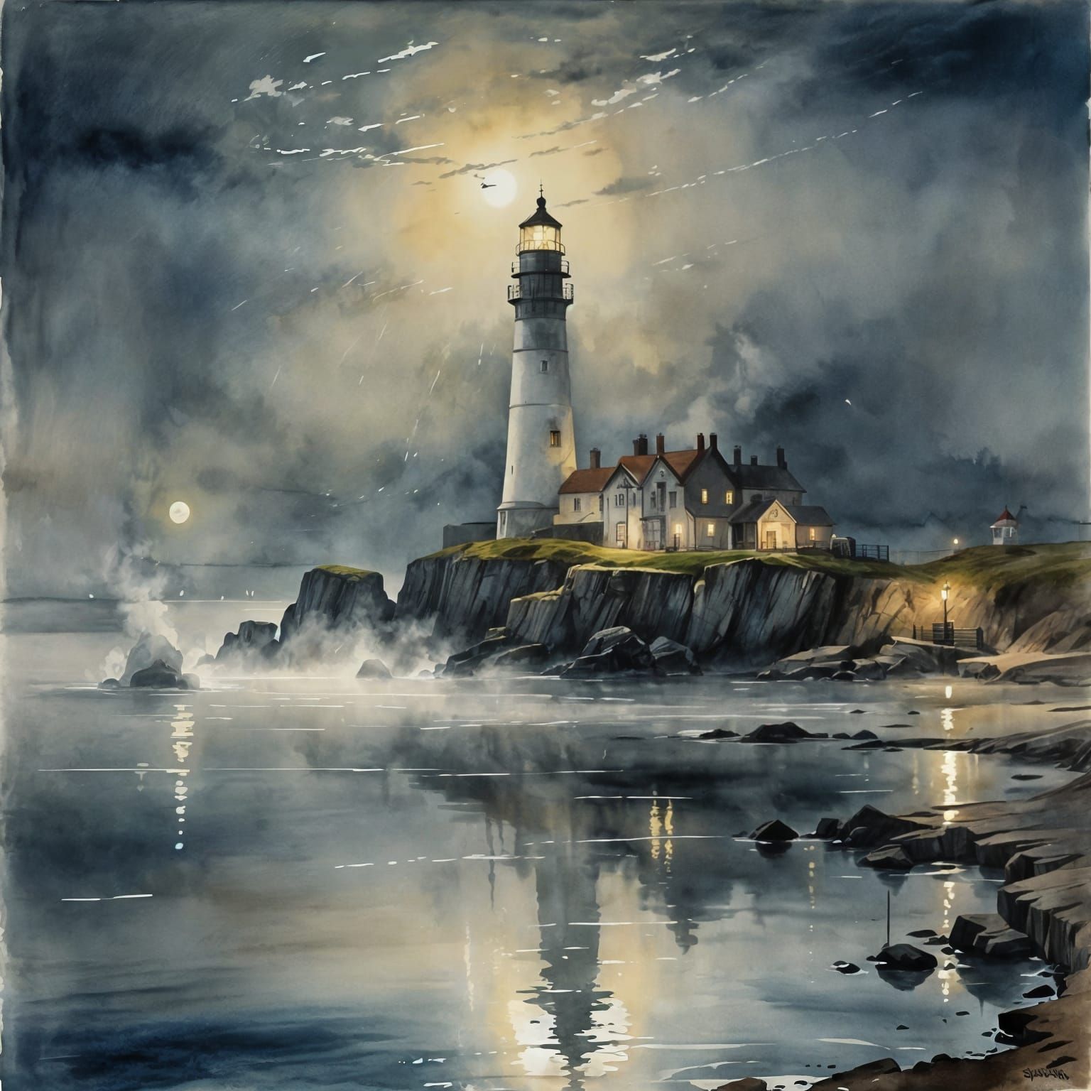 Mystical Lighthouse in Watercolor Style