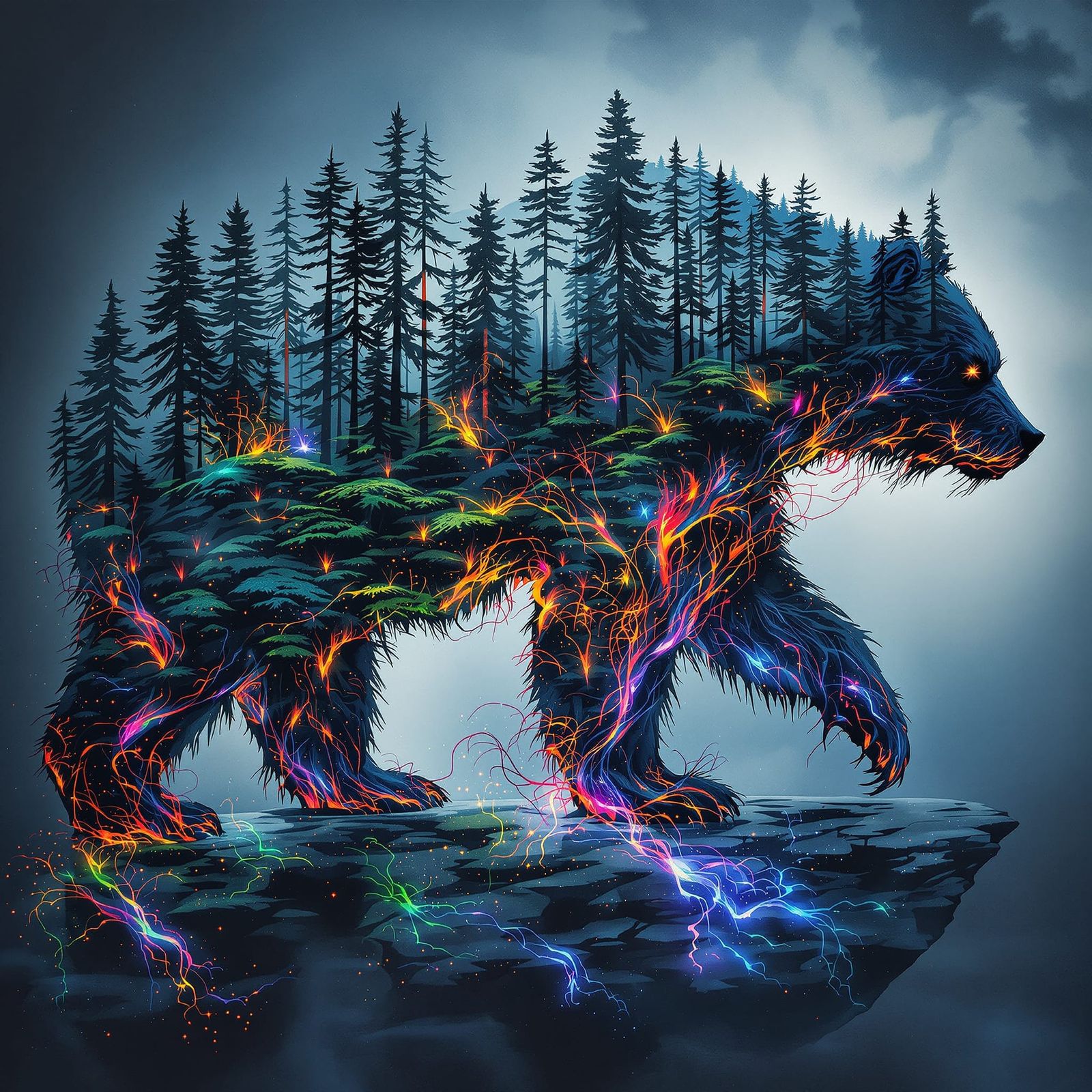 Surreal Bear Silhouette With Fractal Forest, Painterly Reali...