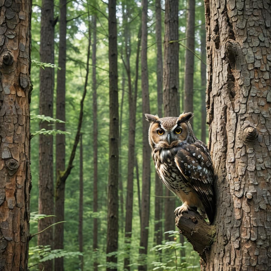 Owl in Forest Summer Scene