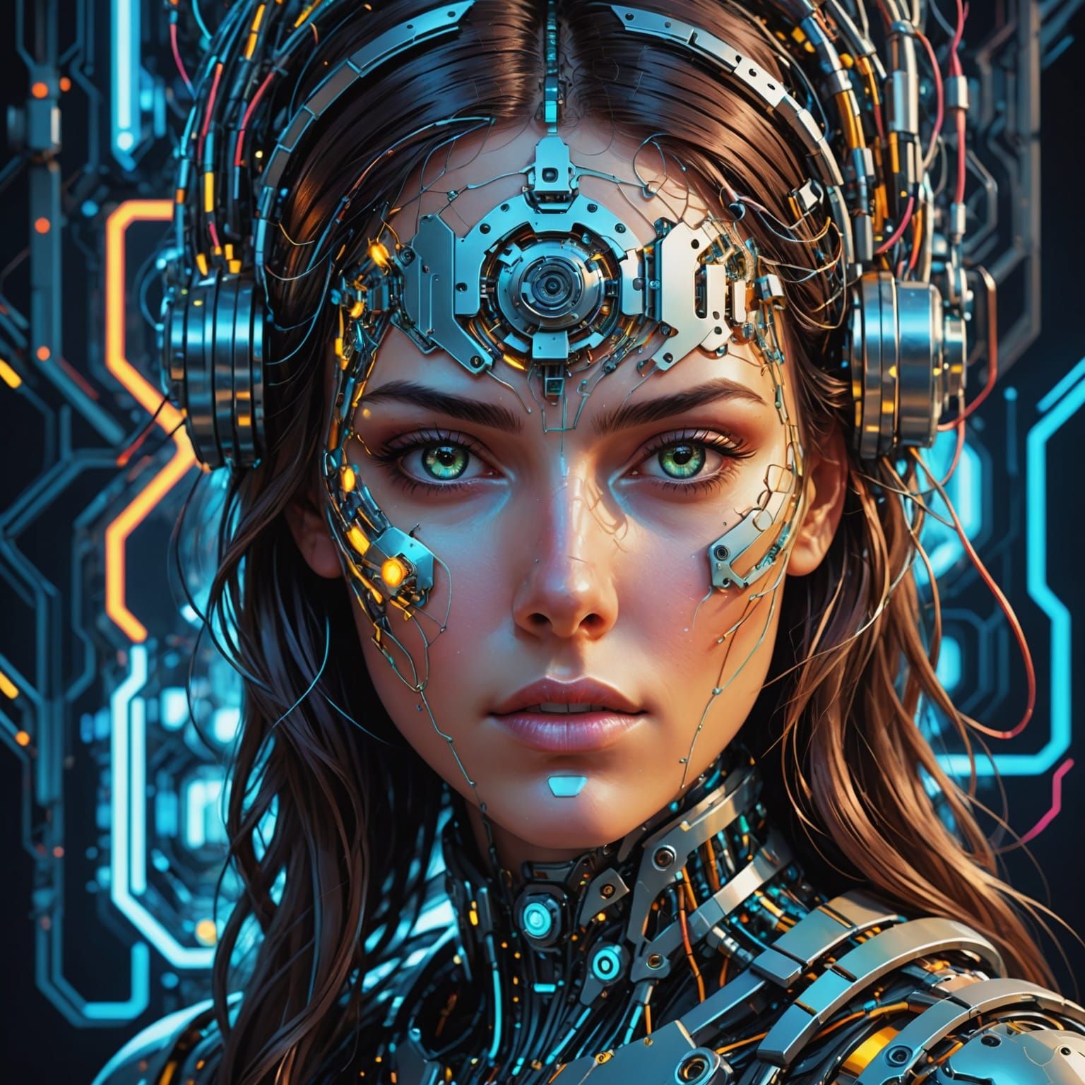 Cyborg Woman Portrait in Digital Glitch Art Style
