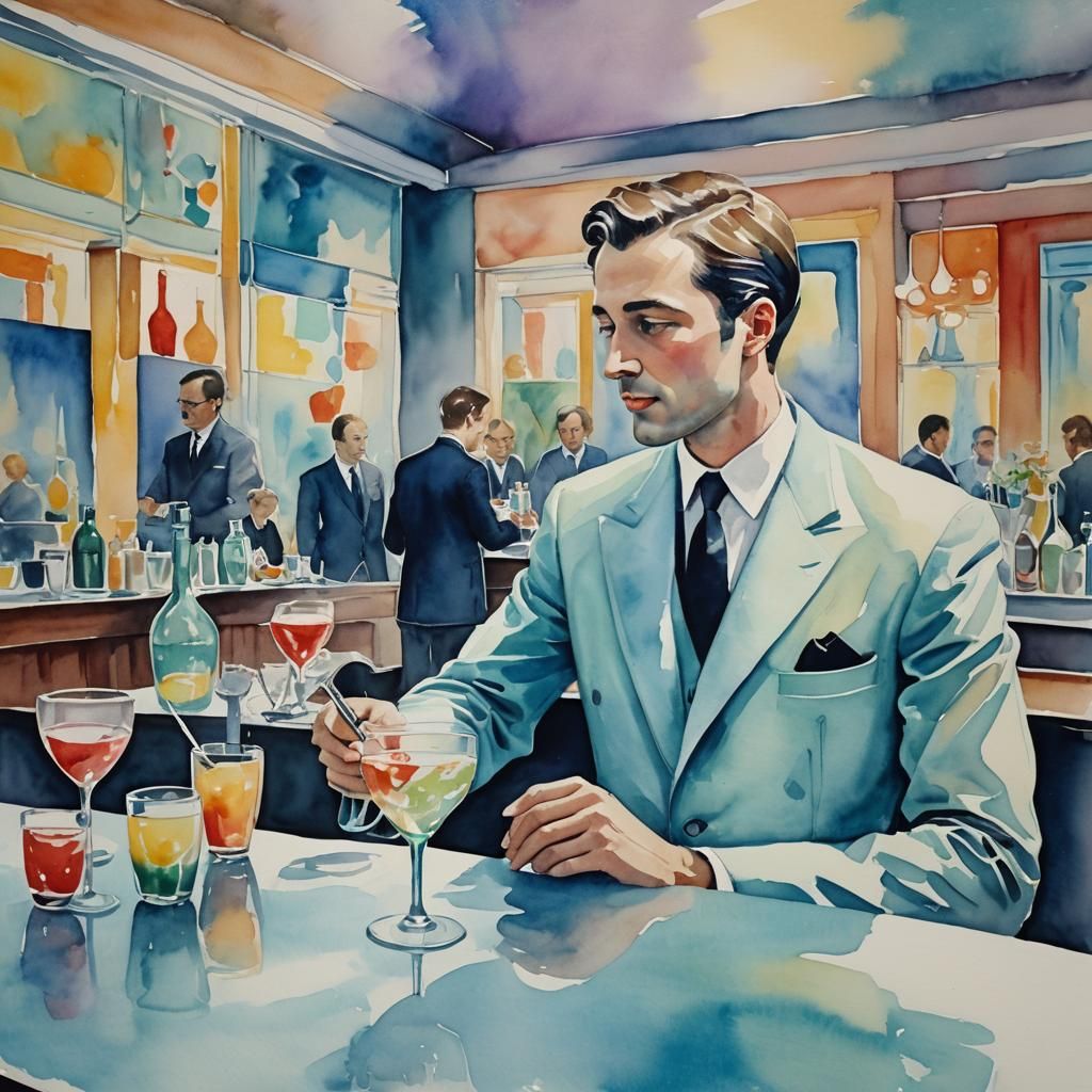 Futuristic Sommelier in Watercolour Style