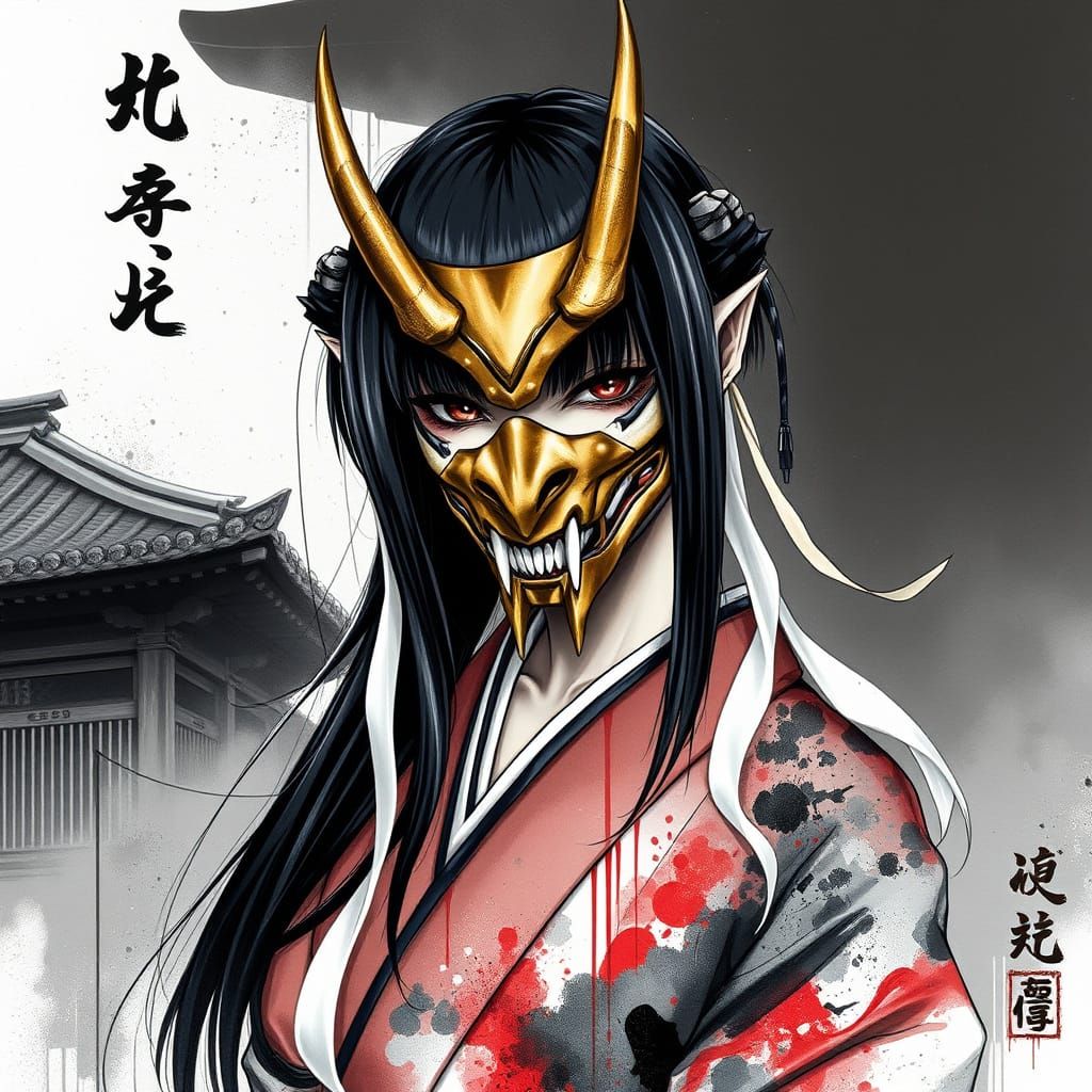 Female Yokai Demon in Japanese Architectural Setting