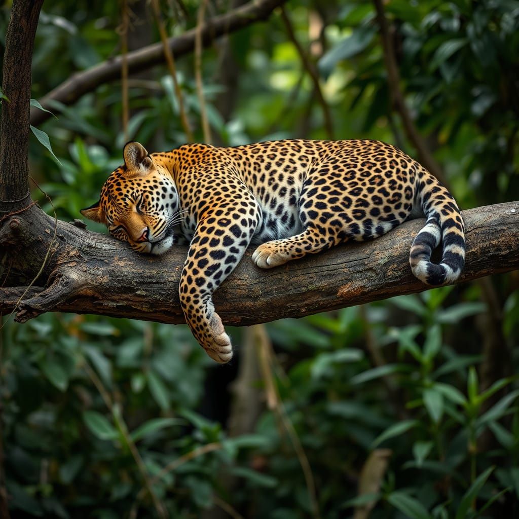 Sleek Leopard Rests across Jungle Branch