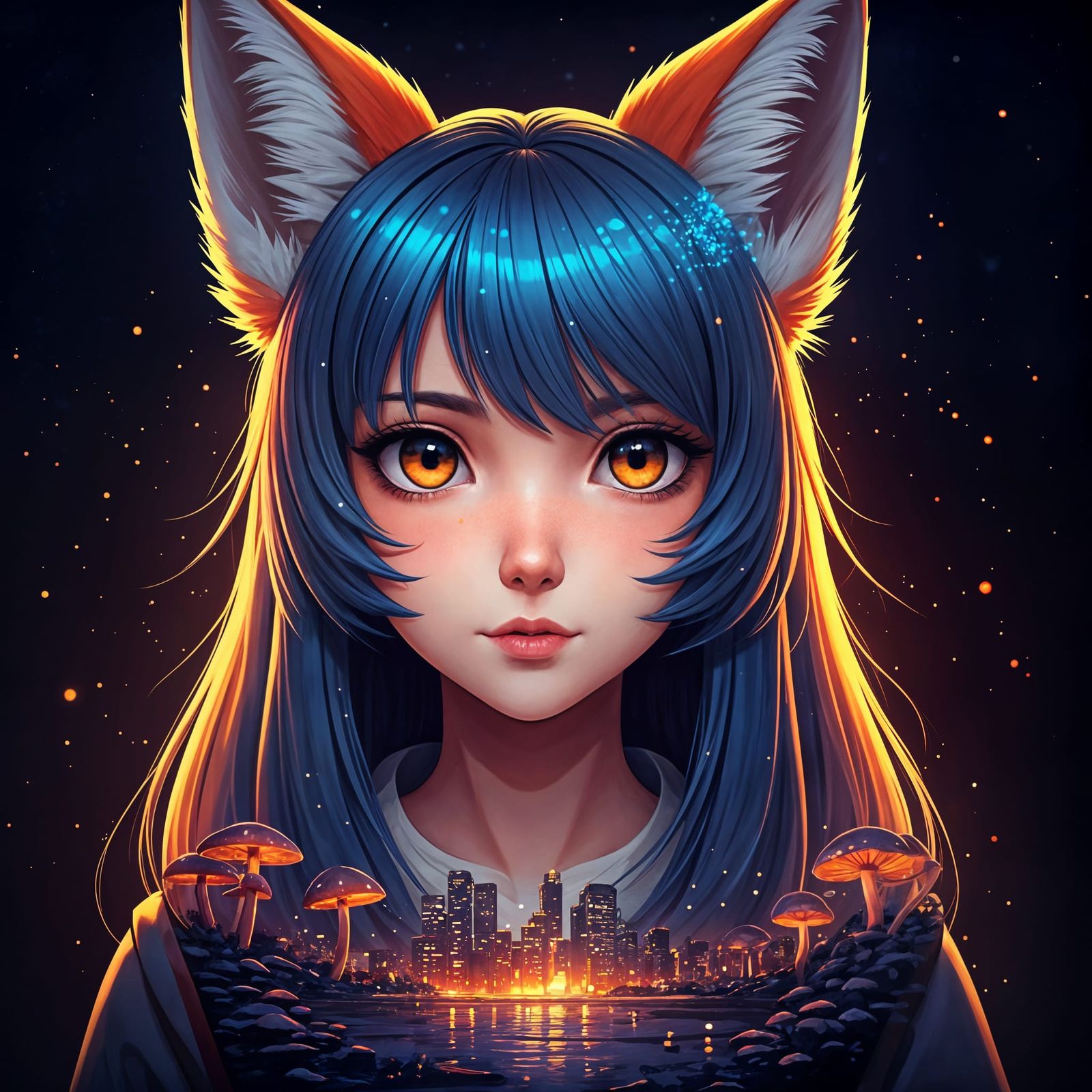 Vibrant Dreamscapes: Anime Fox-Girl Amidst Glowing Mushrooms