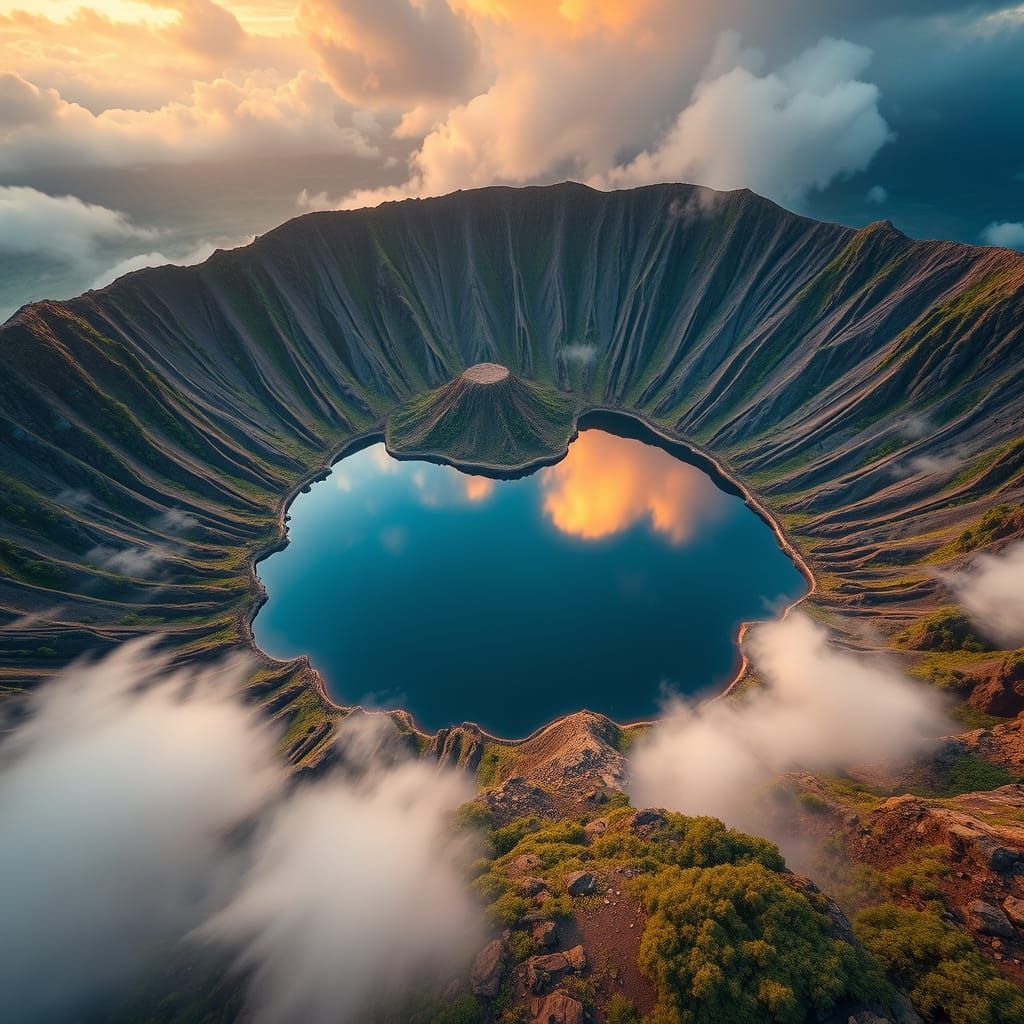 Dormant Volcano Lake in a Fantasy Landscape