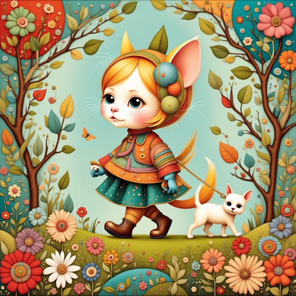 Whimsical Kitten and Dog in Chibi Patchwork Style