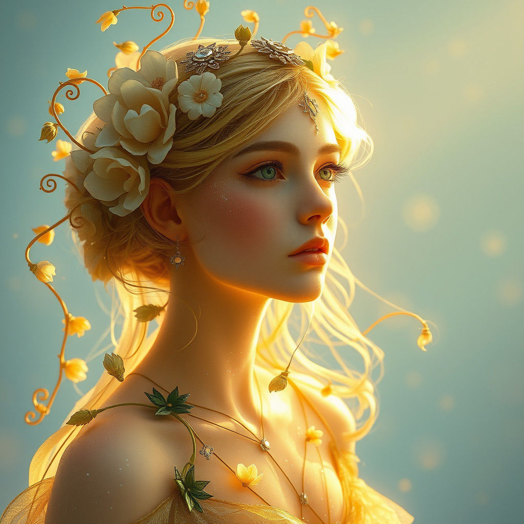 Ethereal Flower Girl Portrait in Art Nouveau Style