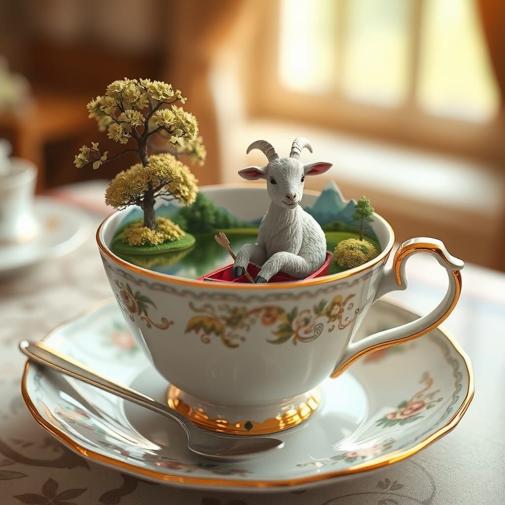 Surreal Teacup Scene with Goat on Lake