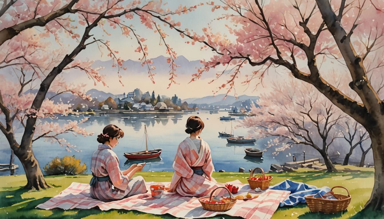 Cherry Blossom Picnic in Impressionist Watercolor Style