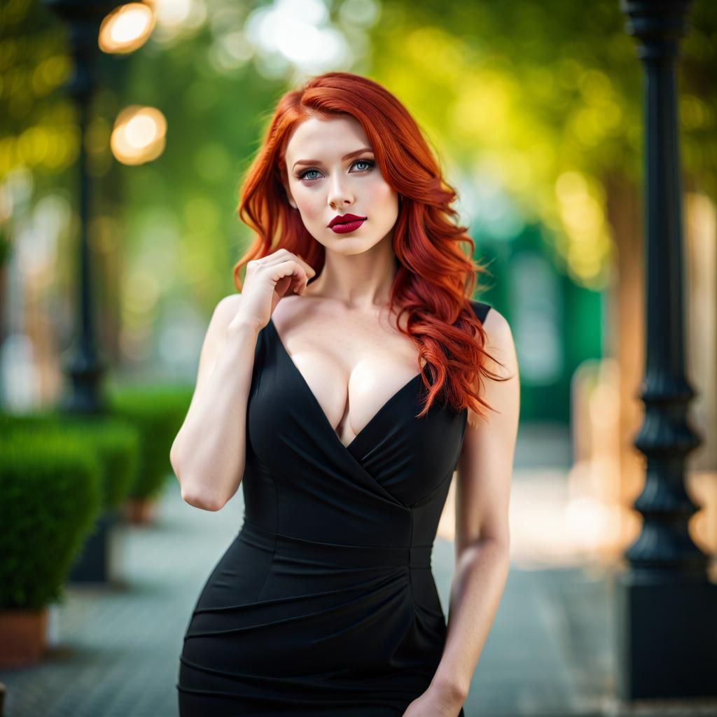 Stunning Redhead in Black Dress: 8K Portrait