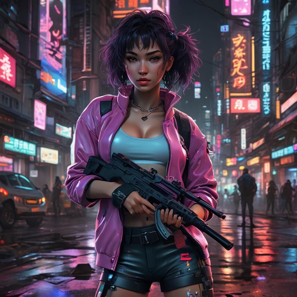 Cyberpunk Woman with Gun in Neon Miami