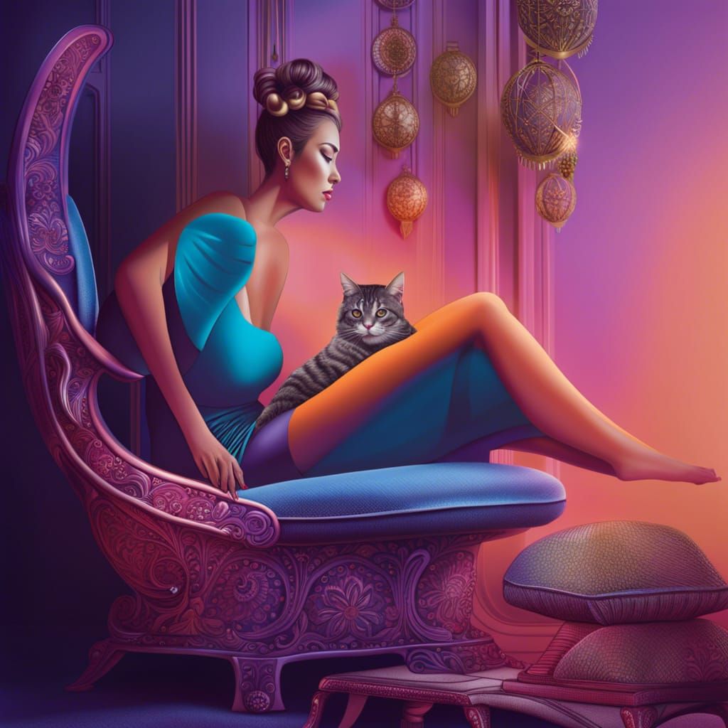 Woman and Cat in Cozy, Hyperrealistic Lounge