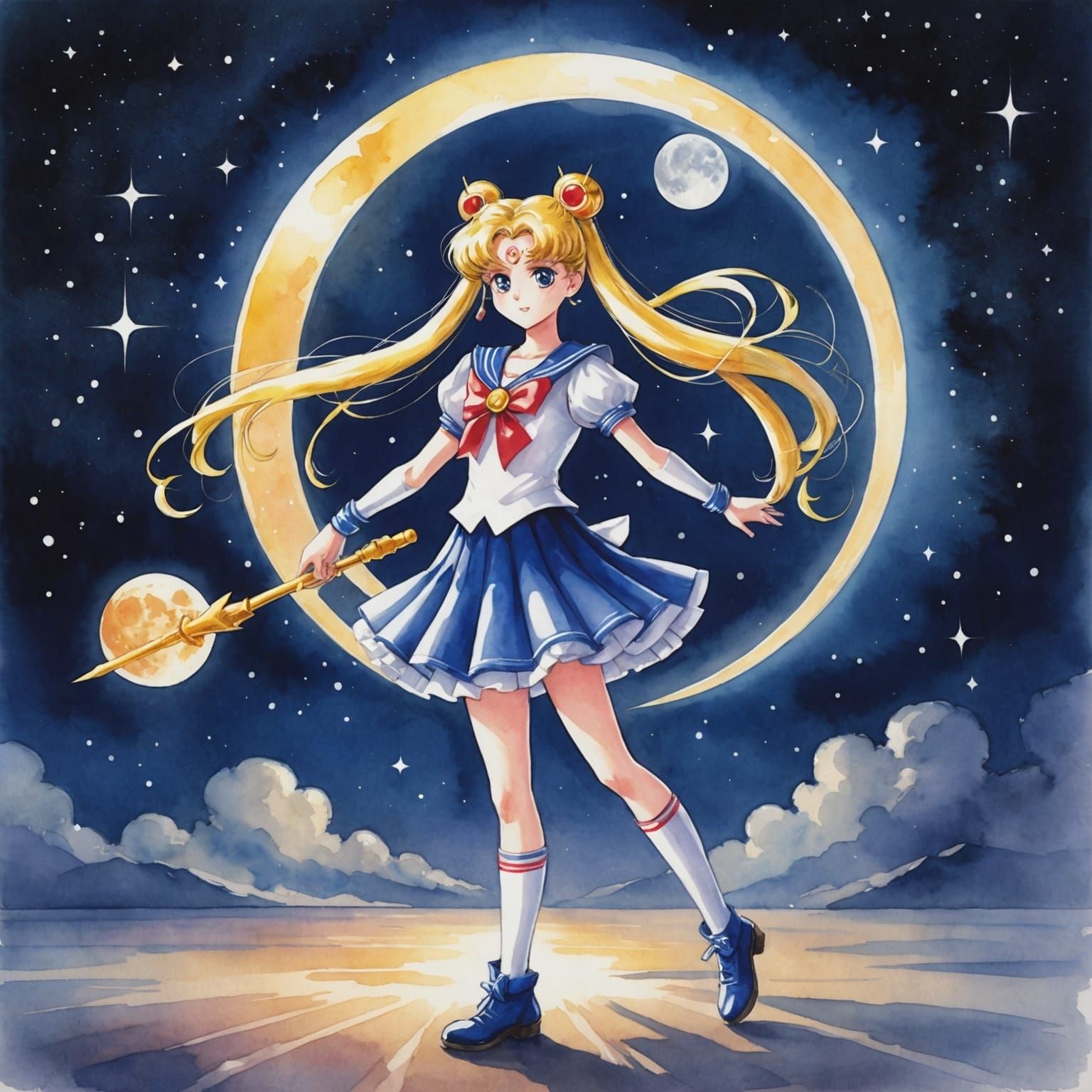 Sailor Moon with Silver Crystal in Watercolor Style