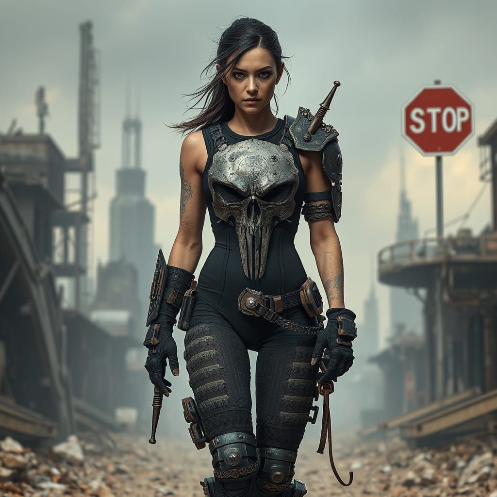 Cyberpunk Woman Striding Through Skeletal City Ruins