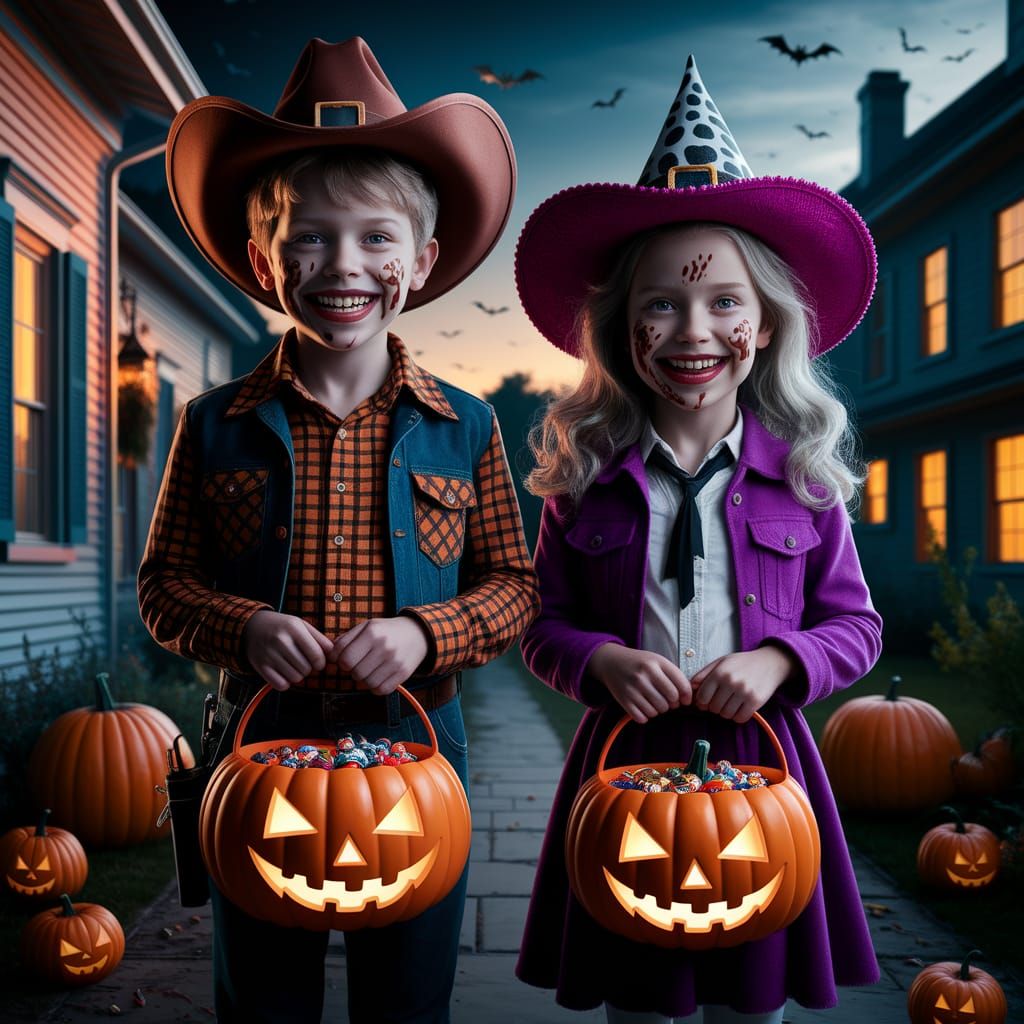 Halloween Trick-or-Treaters with Grinning Faces