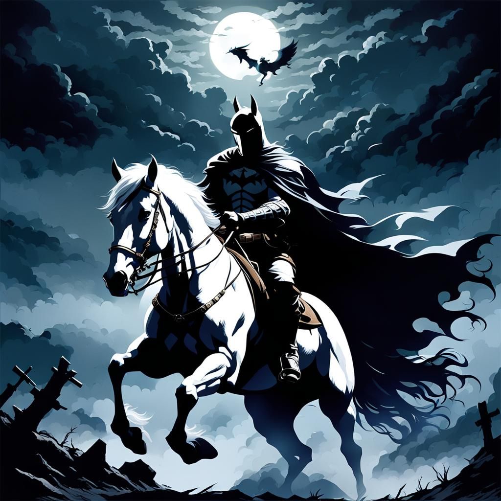 Dark Knight on White Stallion in Gothic Landscape