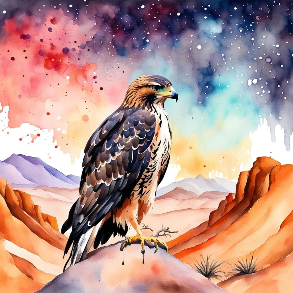 Hawk Soaring Over Desert Canyon: Watercolor Art