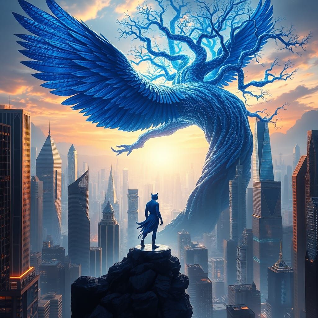 Blue Jaguar Shaman in Iridescent Metropolis