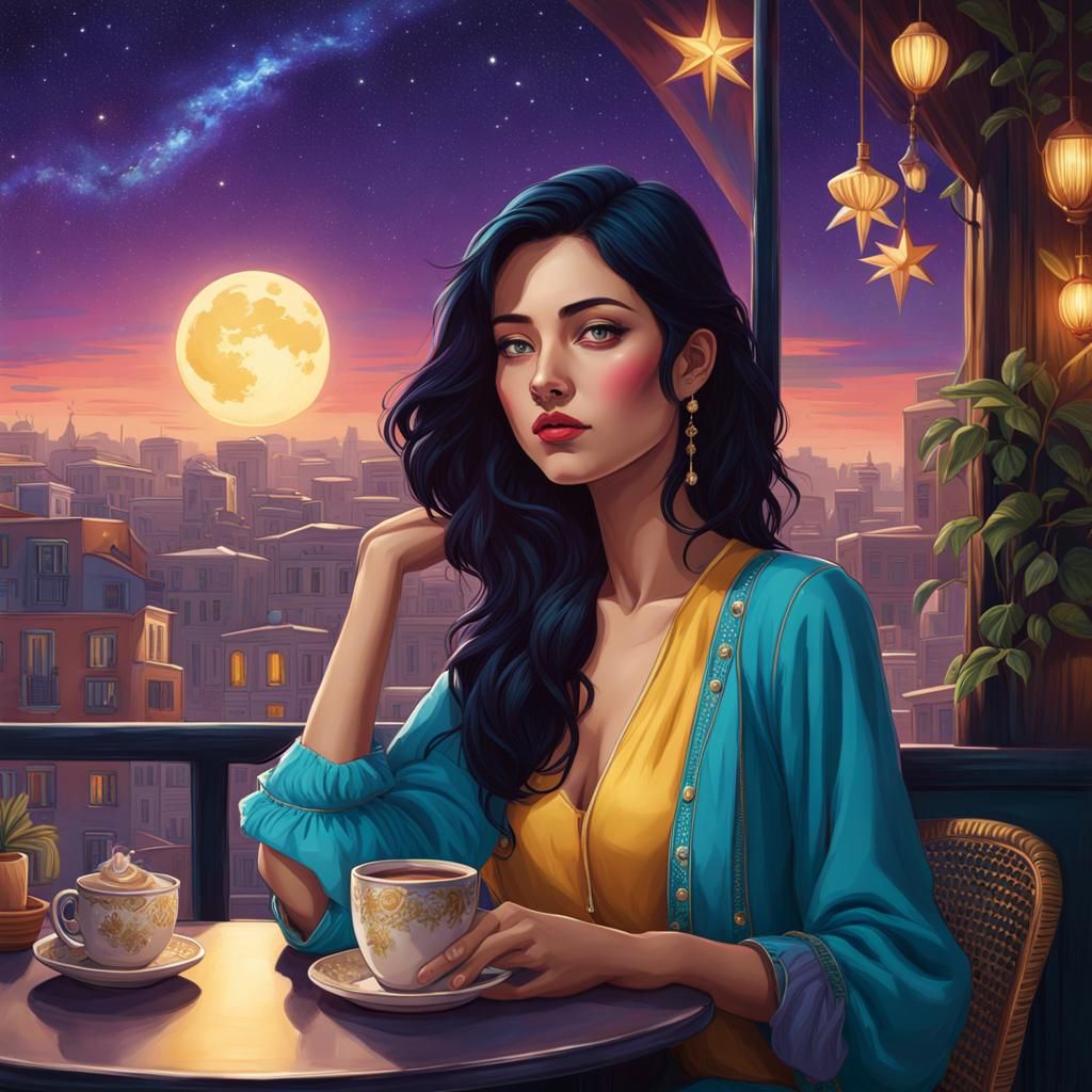 French Woman in Cafe Under Starry Sky