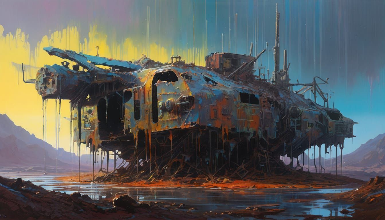 Acrylic Pour Art on Derelict Robot Remains