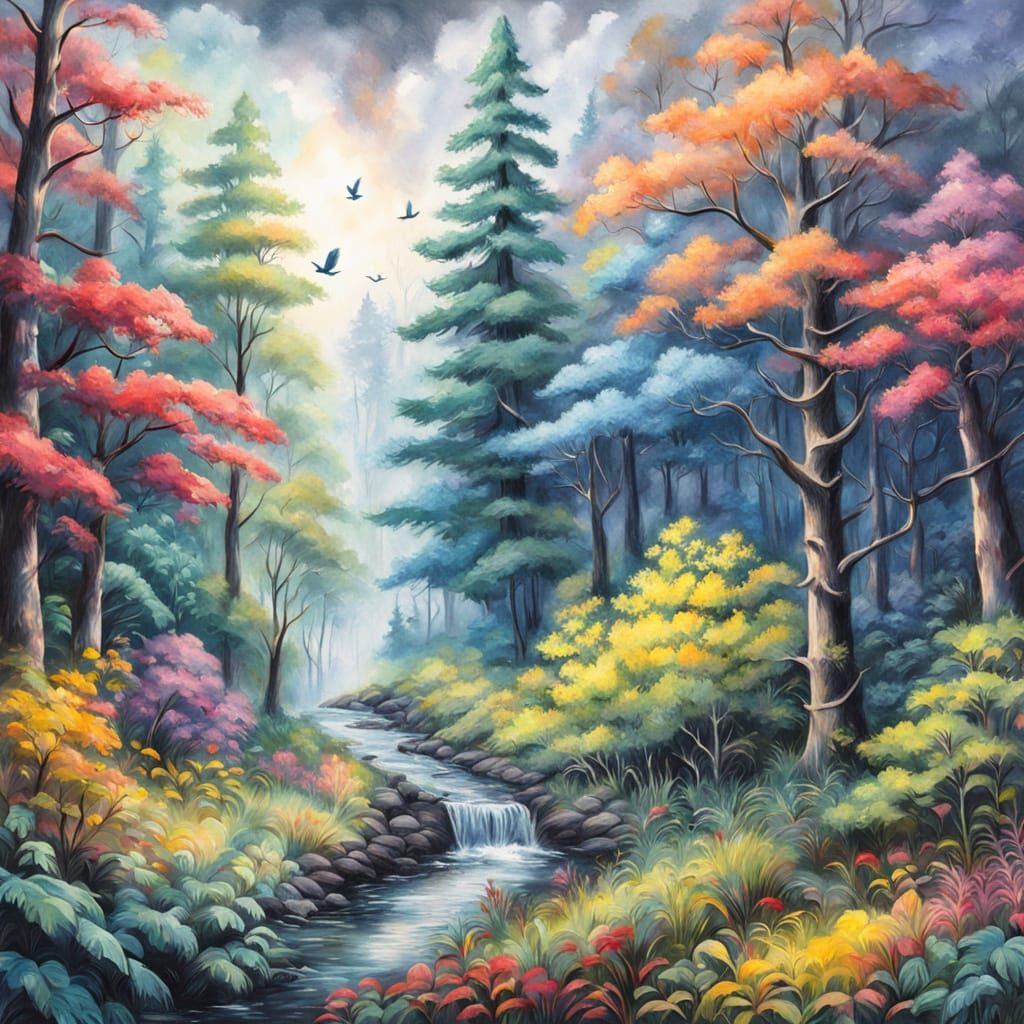 Enchanted Forest: Hyperdetailed Charcoal Drawing in Gouache