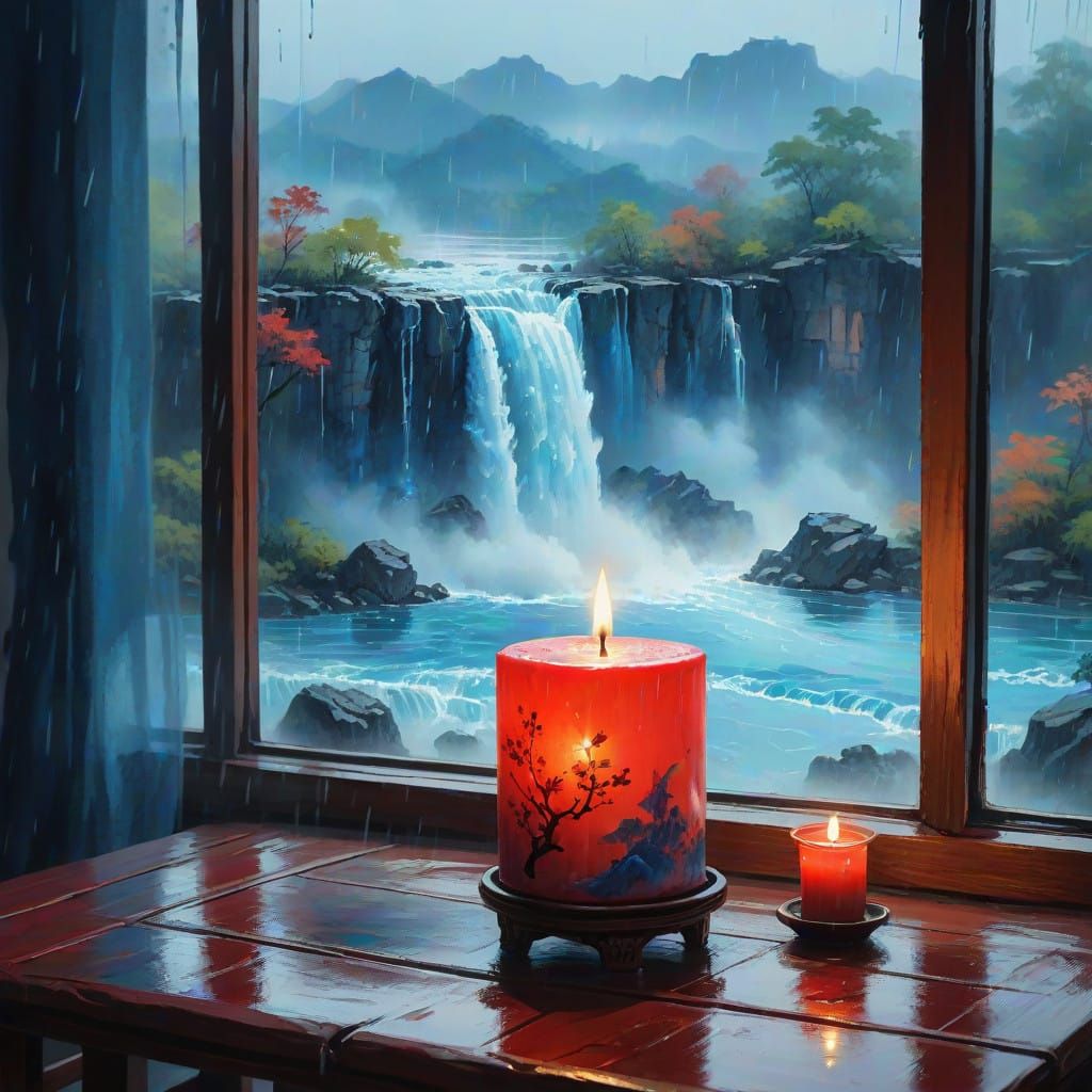 Waterfall outside the window