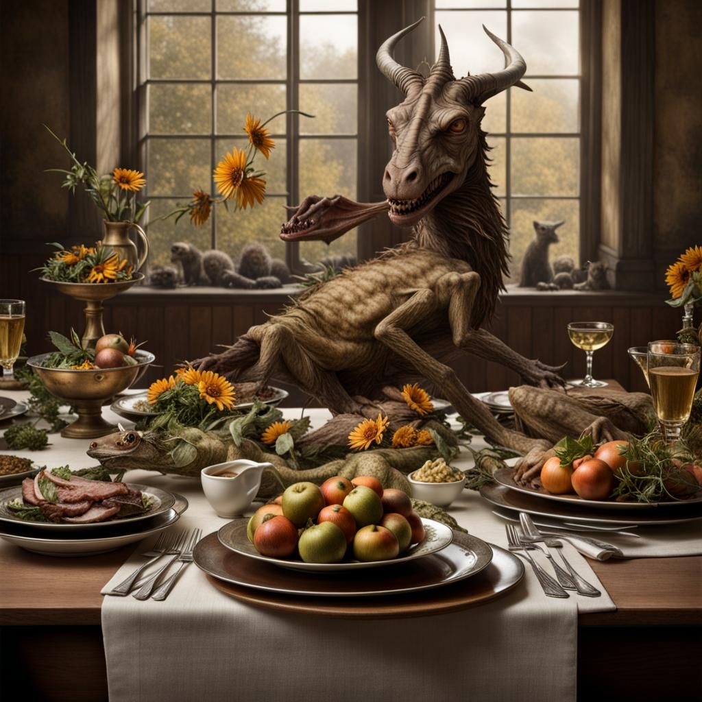 Surreal Restaurant with Bizarre Creatures, Gritty Lighting