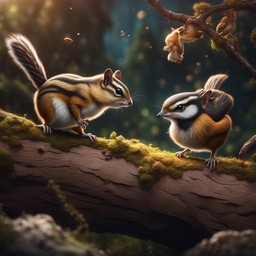 Chipmunk and Chickadee Bird: Fantasy Concept Art