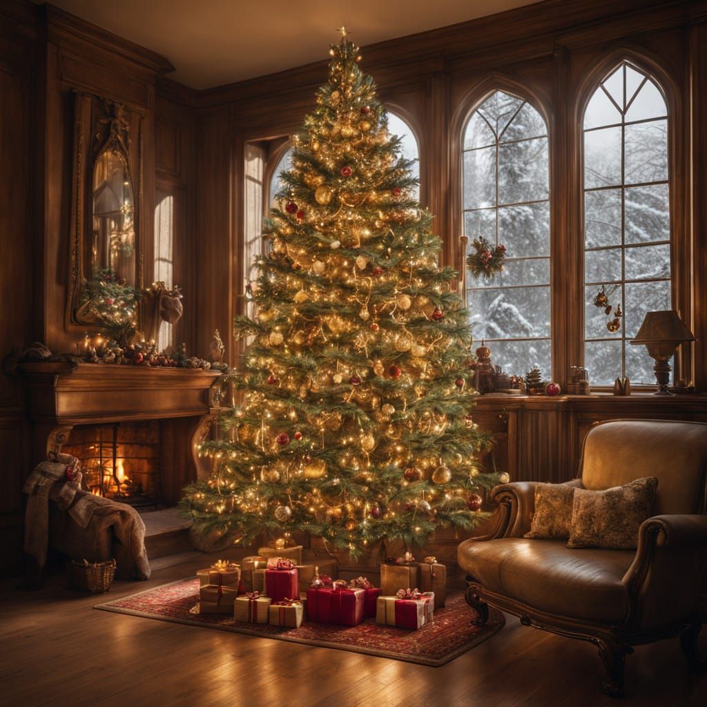 Christmas Tree by the Fireplace in Elegant, Dreamy Style