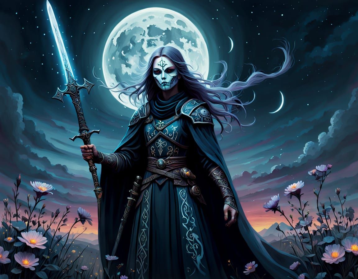 Warrior-Witch Under Twin Moons in Ethereal Twilight