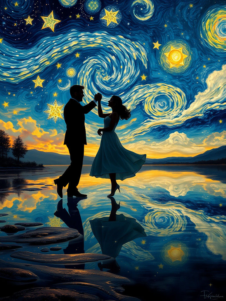 Dancing Couple Under Starry Night Sky in Van Gogh Style
