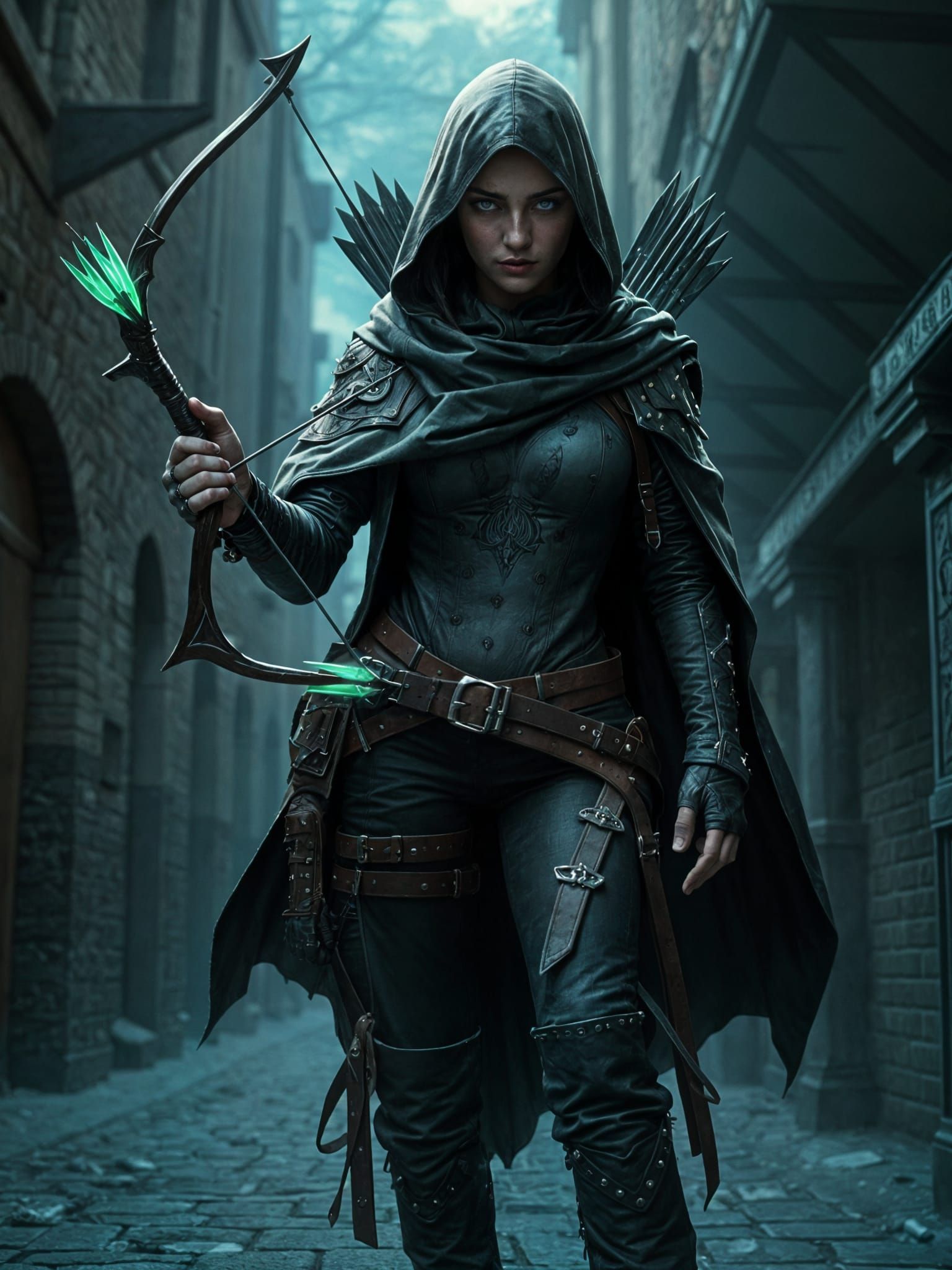 Female Assassin with Green Flame Bow in Steampunk Gear