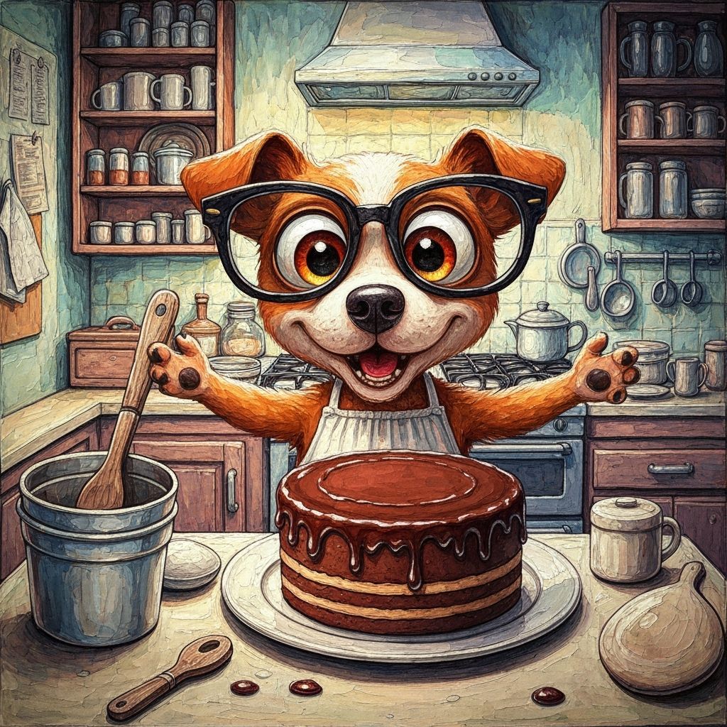 Whimsical Dog Baking Chocolate Cake with Big Eyes and Glasse...